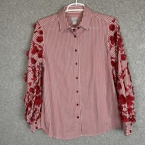 Chico's Button Up Shirt SZ 0 Red Stripe Poplin 3-D Applied Flower Billow Sleeves